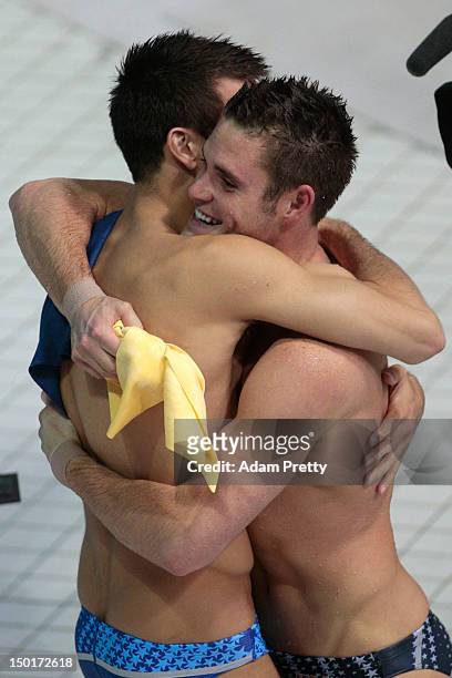 David Boudia of the United States celebrates winning the Men's 10m Platform Diving Final with Nicholas McCrory of the United States on Day 15 of the...