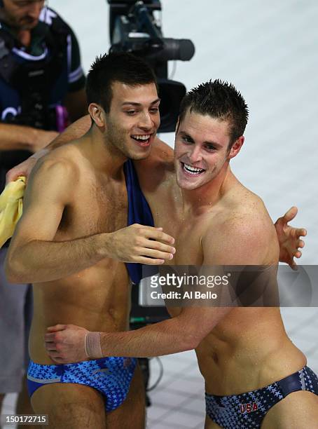 David Boudia of the United States celebrates winning the Men's 10m Platform Diving Final with team mate Nicholas McCrory on Day 15 of the London 2012...