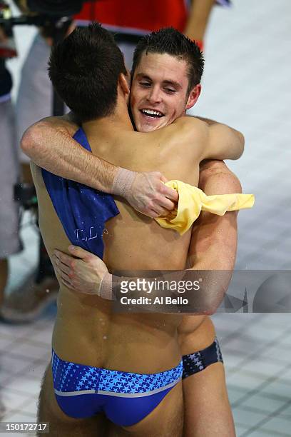 David Boudia of the United States celebrates winning the Men's 10m Platform Diving Final with team mate Nicholas McCrory on Day 15 of the London 2012...