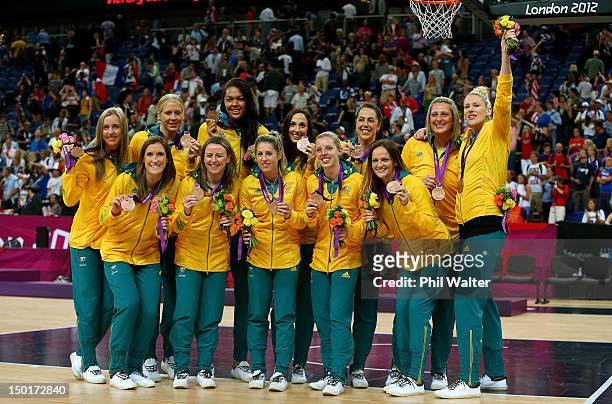 Players from Australia pose for a photo with their bronze medals during the medal ceremony for the Women's Basketball on Day 15 of the London 2012...