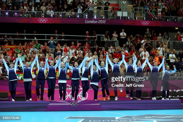 Gold medalist Norway pose on the podium during the medal ceremony for the Women's Handball Final on Day 15 of the London 2012 Olympics Games at...