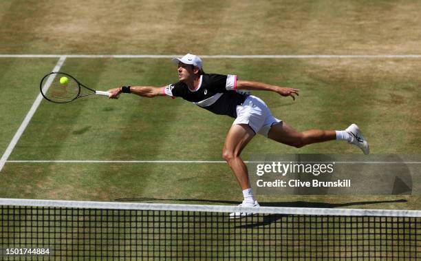 Alex De Minaur of Australia plays a forehand against Carlos Alcaraz of Spain during the Men's Singles Final match on Day Seven of the cinch...