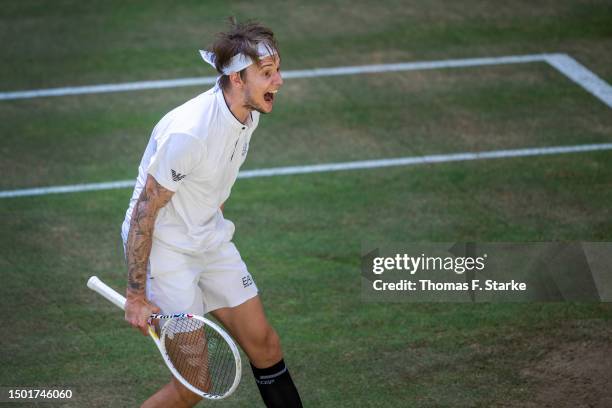 Alexander Bublik of Kazakhstan celebrates after winning the final match against Andrey Rublev of Russia during day nine of the Terra Wortmann Open at...