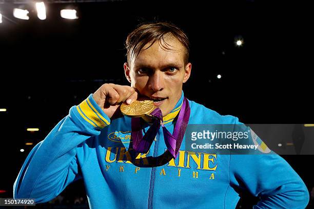 Gold medalist Oleksandr Usyk of Ukraine celebrates after the medal ceremony for the Men's Heavy Boxing final bout on Day 15 of the London 2012...