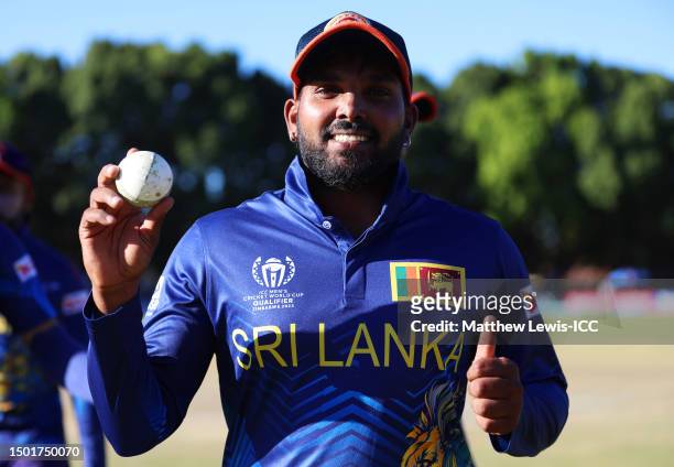 Wanindu Hasaranga of Sri Lanka poses for a photo after taking five wickets and winning the ICC Men's Cricket World Cup Qualifier Zimbabwe 2023 match...
