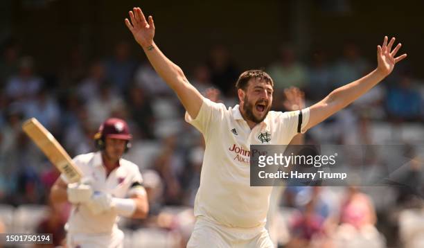 Matthew Carter of Nottinghamshire celebrates the wicket of Josh Davey of Somerset during Day One of the LV= Insurance County Championship Division...