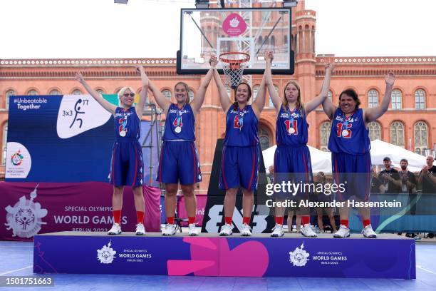 Team USA at the Medal Ceremony after the Women's Team Competition 3x3 Basketball at Neptunbrunnen during day nine of Special Olympics World Games...