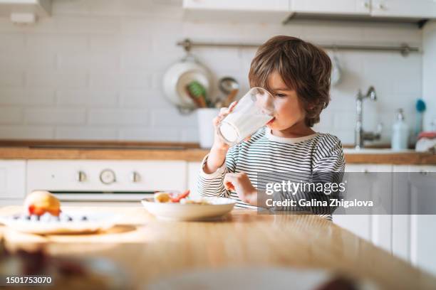 cute small child boy 4-5 years having breakfast drinking milk in kitchen at home - 4 5 years stockfoto's en -beelden