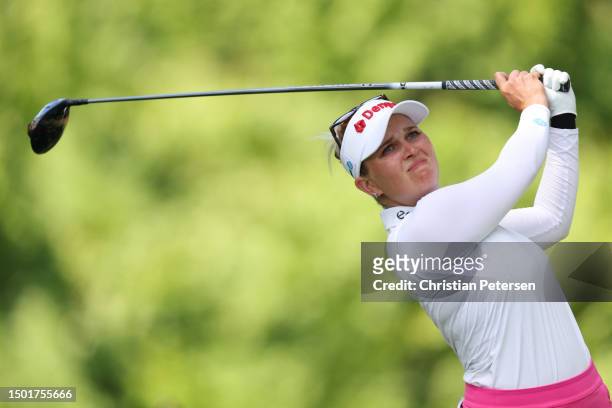 Nanna Koerstz Madsen of Denmark hits a tee shot on the third hole during the final round of the KPMG Women's PGA Championship at Baltusrol Golf Club...
