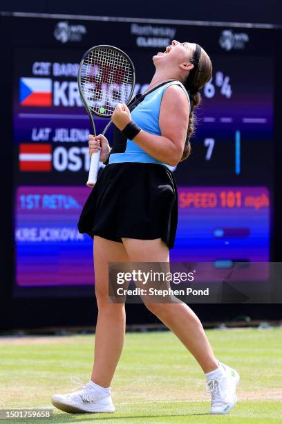 Jelena Ostapenko of Latvia celebrates winning against Barbora Krejcikova of Czech Republic in the Women's Singles Final during day nine of the...