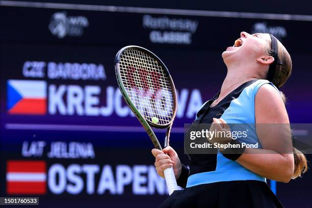 Jelena Ostapenko of Latvia celebrates winning against Barbora Krejcikova of Czech Republic in the Women's Singles Final during day nine of the...