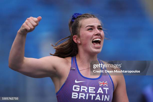 Bekah Walton of Great Britain reacts in the Women's Javelin Throw - Div 1 during day six of the European Team Championships 2023 at Silesian Stadium...