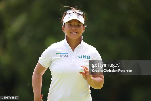 Megan Khang of the United States reacts to a putt on the second green during the final round of the KPMG Women's PGA Championship at Baltusrol Golf...