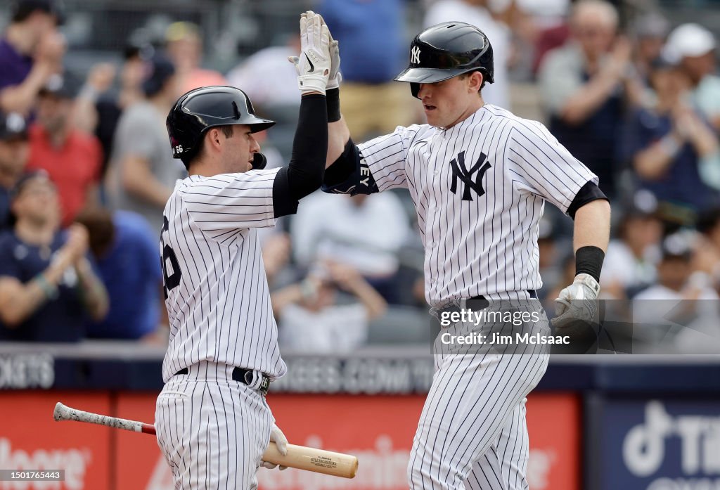 Yankees Rangers Rivalry Billy McKinney of the New York Yankees celebrates his fourth inning ...
