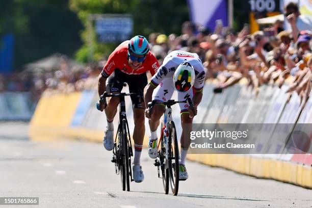 Alec Segaert of Belgium and Team Lotto – Dstny and Remco Evenepoel of Belgium and Team Soudal Quick-Step sprint at finish line during the 104th...