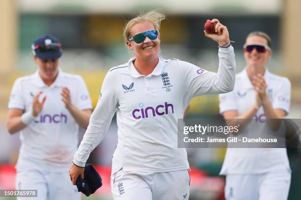 Sophie Ecclestone of England celebrates after a five wicket haul in the second innings and a ten wicket match during day four of the LV= Insurance...