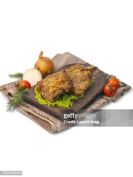fried liver with caramelized onion on white background isolated - calves liver stock pictures, royalty-free photos & images