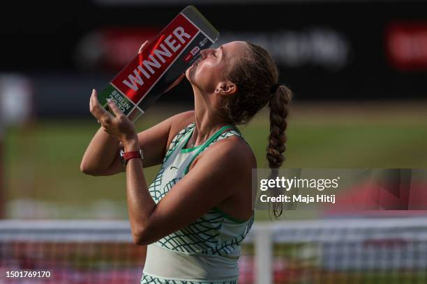 Petra Kvitova of Czech Republic celebrates with a trophy after winning the final against Donna Vekic of Croatia during day nine of the bett1open 2023...