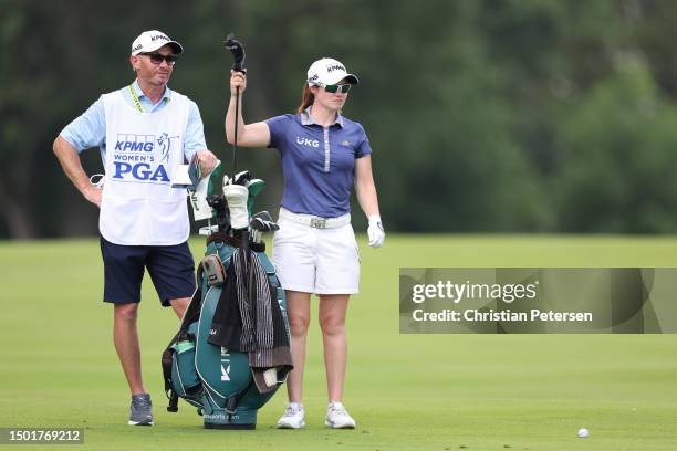 Leona Maguire of Ireland selects a club on the third fairway during the final round of the KPMG Women's PGA Championship at Baltusrol Golf Club on...