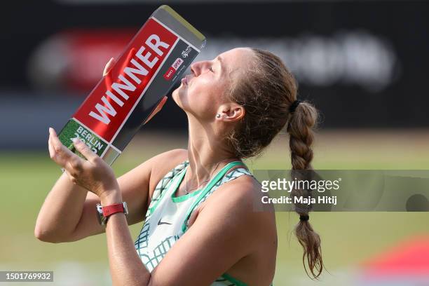 Petra Kvitova of Czech Republic celebrates with a trophy after winning the final against Donna Vekic of Croatia during day nine of the bett1open 2023...