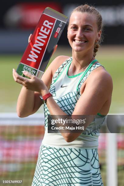 Petra Kvitova of Czech Republic celebrates with a trophy after winning the final against Donna Vekic of Croatia during day nine of the bett1open 2023...