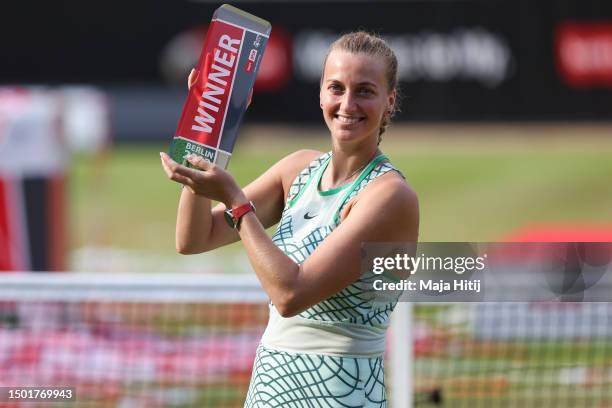 Petra Kvitova of Czech Republic celebrates with a trophy after winning the final against Donna Vekic of Croatia during day nine of the bett1open 2023...