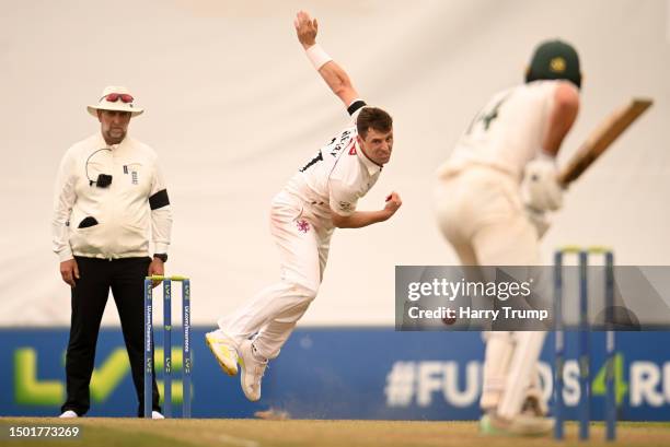 Matt Henry of Somerset in bowling action during Day One of the LV= Insurance County Championship Division One match between Somerset and...