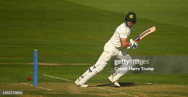 Joe Clarke of Nottinghamshire plays a shot during Day One of the LV= Insurance County Championship Division One match between Somerset and...