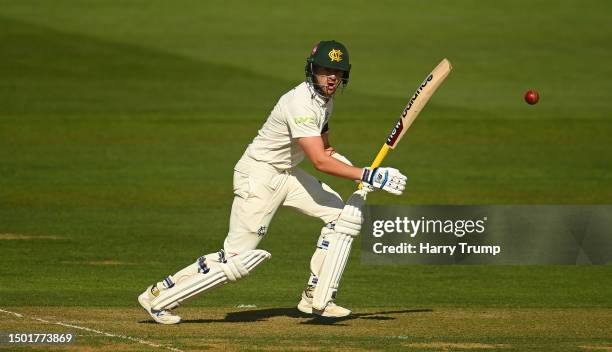 Joe Clarke of Nottinghamshire plays a shot during Day One of the LV= Insurance County Championship Division One match between Somerset and...