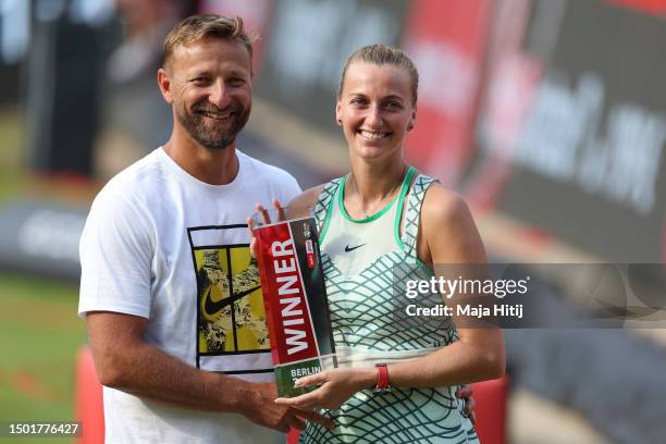 Petra Kvitova of Czech Republic celebrates with her partner and coach Jiri Vanek after winning the final against Donna Vekic of Croatia during day...