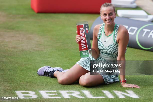 Petra Kvitova of Czech Republic celebrates with a trophy after winning the final against Donna Vekic of Croatia during day nine of the bett1open 2023...