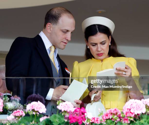 Lord Frederick Windsor and Lady Sophie Windsor watch the racing from the Royal Box as they attend day 5 of Royal Ascot 2023 at Ascot Racecourse on...