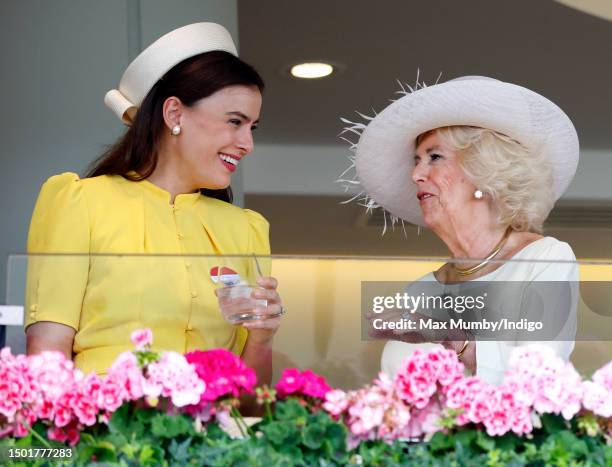 Lady Sophie Windsor and Queen Camilla watch the racing from the Royal Box as they attend day 5 of Royal Ascot 2023 at Ascot Racecourse on June 24,...