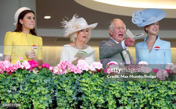 Lady Sophie Windsor, Queen Camilla, King Charles III and Lady Gabriella Windsor watch the racing from the Royal Box as they attend day 5 of Royal...