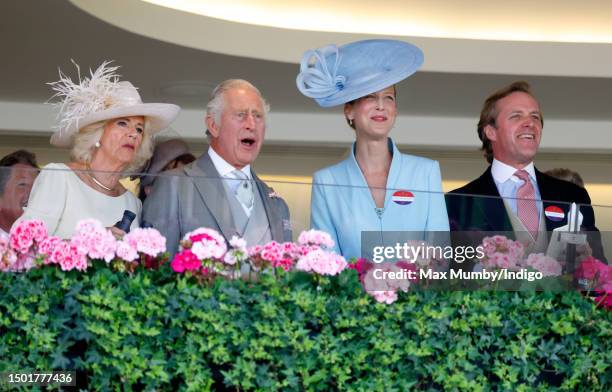 Queen Camilla, King Charles III, Lady Gabriella Windsor and Thomas Kingston watch, from the Royal Box, The King and Queen's horse 'King's Lynn' run...