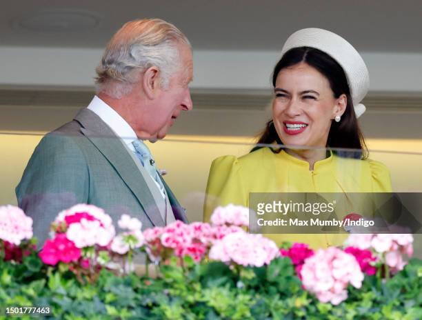 King Charles III and Lady Sophie Windsor watch the racing from the Royal Box as they attend day 5 of Royal Ascot 2023 at Ascot Racecourse on June 24,...