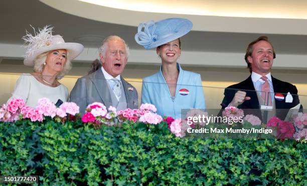 Queen Camilla, King Charles III, Lady Gabriella Windsor and Thomas Kingston watch, from the Royal Box, The King and Queen's horse 'King's Lynn' run...