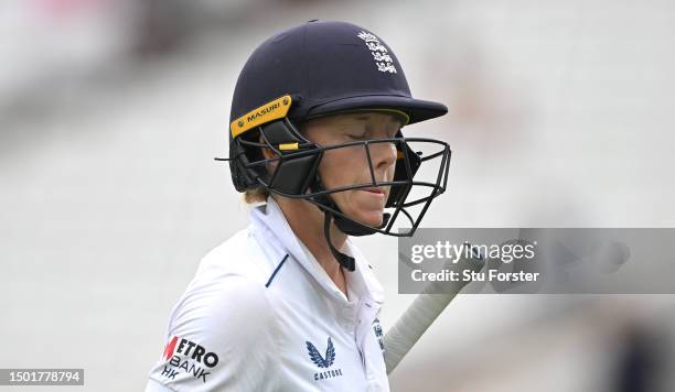 England captain Heather Knight reacts after being dismissed during day four of the LV= Insurance Women's Ashes Test match between England and...
