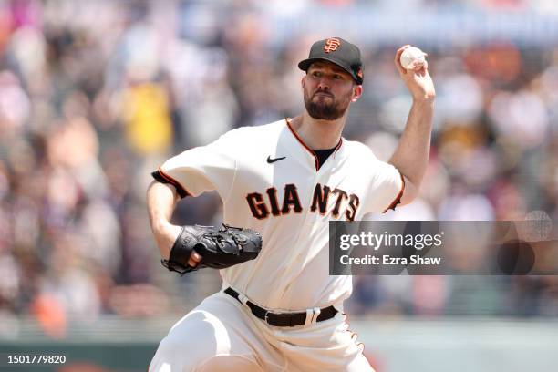 Alex Wood of the San Francisco Giants pitches against the San Diego Padres in the first inning on June 22, 2023 in San Francisco, California.