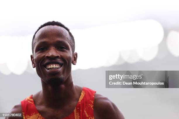 Thierry Ndikumwenayo of Spain celebrates victory in the Men's 5000m - Div 1 during day six of the European Team Championships 2023 at Silesian...