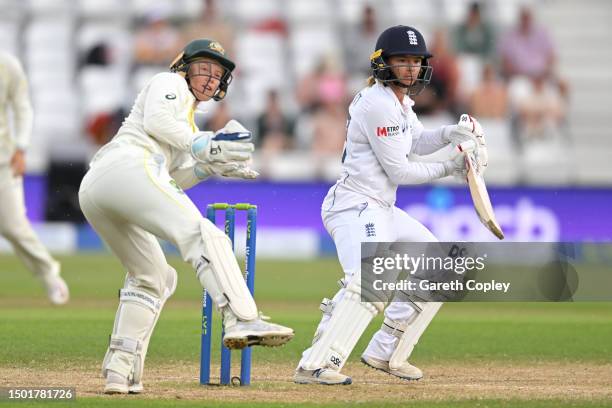 Danni Wyatt of England bats watched by Australia wicketkeeper Alyssa Healy during day four of the LV= Insurance Women's Ashes Test match between...