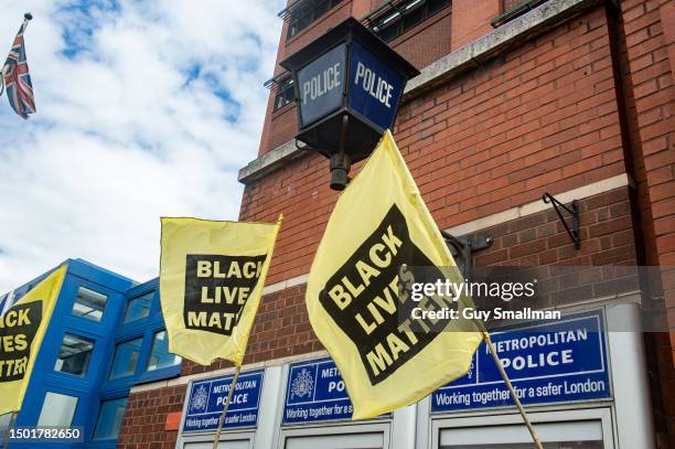 Protest outside Edmonton Police station where several speakers accused the police of racism and incompetence on June 24, 2023 in London, England. The...