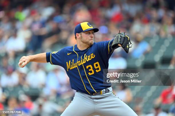 Starting pitcher Corbin Burnes of the Milwaukee Brewers pitches during the first inning against the Cleveland Guardians at Progressive Field on June...