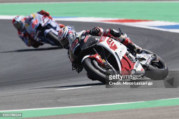 Takaaki Nakagami of Japan and LCR Honda Idemitsu leads the field during the MotoGP race during the MotoGP of Netherlands - Race at TT Circuit Assen...