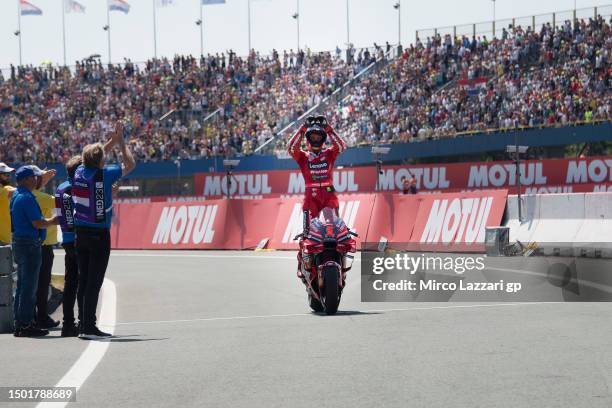 Francesco Bagnaia of Italy and Ducati Lenovo Team celebrates the victory at the end of the MotoGP race during the MotoGP of Netherlands - Race at TT...