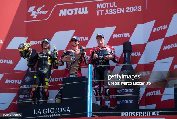 Marco Bezzecchi of Italy and Mooney VR46 Racing Team, Francesco Bagnaia of Italy and Ducati Lenovo Team and Aleix Espargaro of Spain and Aprilia...