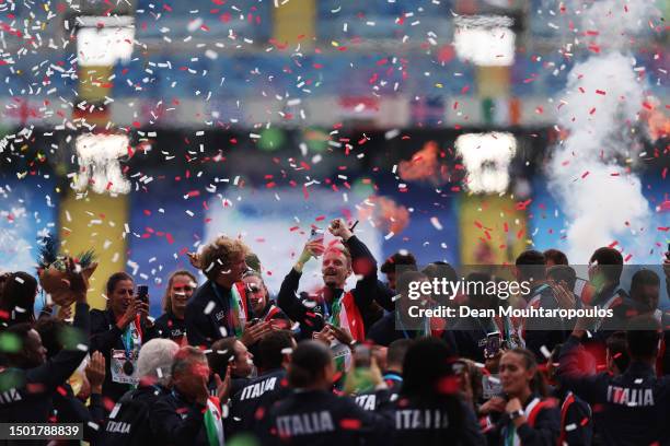 Confetti falls as Team Italy celebrate taking first place in winning Division 1 during day six of the European Team Championships 2023 at Silesian...