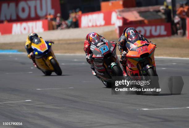 Albert Arenas of Spain and Red Bull KTM Ajo leads the field during the Moto2 race during the MotoGP of Netherlands - Race at TT Circuit Assen on June...