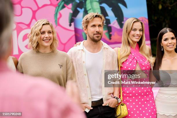 Greta Gerwig, Ryan Gosling, and Margot Robbie attend the press junket and Photo Call for "Barbie" at Four Seasons Hotel Los Angeles at Beverly Hills...