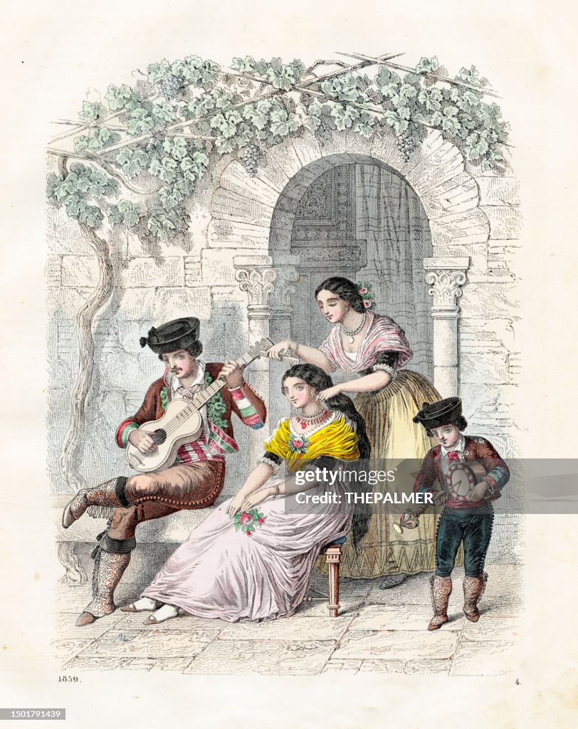 The Inhabitants of Upper-Andalusia - Very rare plate from "Book of the World" 1859